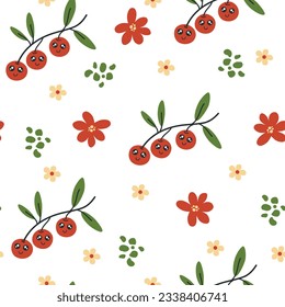 Beries Zeichen nahtloses Muster. Beeren mit Smiley Gesicht und Blumen. Kreative Textur für Gewebe, Verpackungen, Textilien, Tapeten, Kleidung. Vektorgrafik für Kinder. Cute-Obsthintergrund