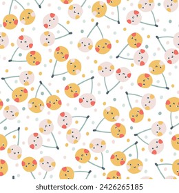 Berries cherries couple faces seamless pattern in pastel palette. Vector naive hand drawn illustration of cute characters on polka dot background. for baby textiles, wallpaper, fabric, scrapbooking.