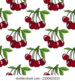 Berries cherry seamless pattern vector illustration. Background with sakura berries. Red sweet cherries on branch with leaves template for fabric and packed