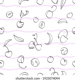 Berries cherry sweet on a white background. Contour draw. Vector illustration. Seamless pattern for design