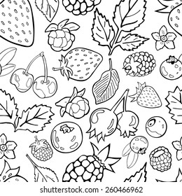 Círculo de Berries. Fresa, arándano, frambuesa, arándano, arándano, cereza, moras, amelanquier. Patrón blanco y negro.