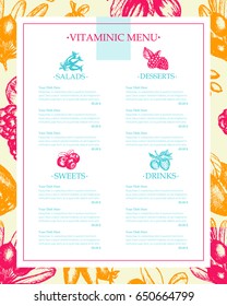 Berries - color vector hand drawn vintage cafe menu template with copy space. Realistic barberry, blackberry, wild strawberry, gooseberry, sweet cherry, cloudberry, sea-buckthorn, plum, red currant.
