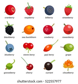 Berries colored icons set with inscription including currant grape cherry cranberry goji berry isolated flat vector illustration