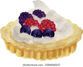 berries and cream tart, watercolor, dessert, blueberry, blackberry, raspberry