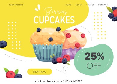 Berries cupcake promo update illustration landing page template