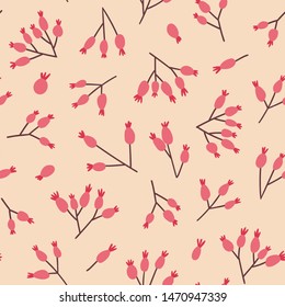 Berries of a dogrose or hawthorn on the pink background. Autumn seamless pattern design for fabric, wrapping or wallpaper. Vector print.