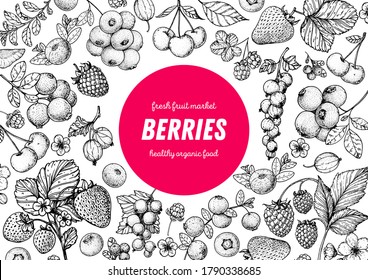 Berries drawing collection. Hand drawn berry sketch. Vector illustration. Food design template with berry. Strawberries, raspberries, blueberries, cranberries, currants, cherries, lingonberries. 