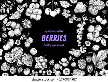 Colección de dibujos de bayas. Esbozo de bayas dibujado a mano. Ilustración vectorial. Plantilla de diseño de alimentos con berry. Fresas, frambuesas, arándanos, arándanos, grosellas, grosellas, cerezas, moras.