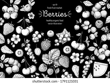 Colección de dibujos de bayas. Esbozo de bayas dibujado a mano. Ilustración vectorial. Plantilla de diseño de alimentos con berry. Arándanos, fresas, cerezas, grosellas, arándanos, arándanos, arándanos, arándanos, frambuesas