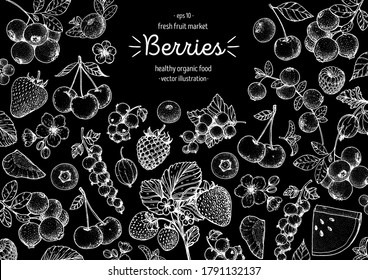 Berries drawing collection. Hand drawn berry sketch. Vector illustration. Food design template with berry. Blueberries, strawberries, cherries, currants, cranberries, gooseberries, raspberries