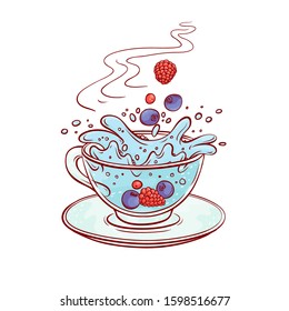 Berries drink brew process pour in transparent cup hot aromatic beverage vector sketch line hand drawn illustration.