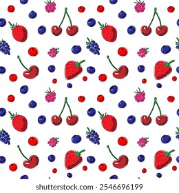 Beeren. Endloses Doodle-Muster. Nahtlose Ornament, Erdbeere, Preiselbeere, Brombeere, Kirsche, Himbeere, Heidelbeere. Einfache bunte Elemente. Stoff, Textil, Druck, Web, Tapeten, Hintergründe