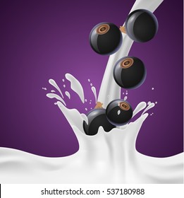 Berries Falling On Milk Splash. vector illustration