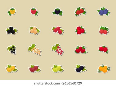 Design plano de bagas - adesivos de frutas. Ilustrações vetoriais. Fruto engastado