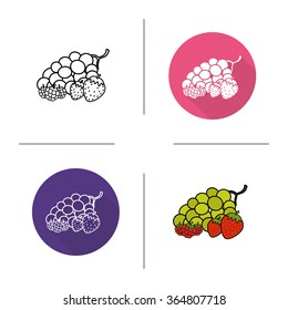 Berries flat design, linear and color icons set. Grape, raspberry and strawberry in group symbols. Contour and long shadow logo concepts. Isolated vector illustrations