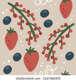 Bayas con un patrón sin fisuras dibujado a mano plana. Textura de dibujos animados nutritivos saludables. Ilustraciones del escándalo de la comida orgánica. Recortes de color de dibujo dietético. Tejido de cocina, relleno vectorial de fondo