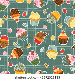 Сupcakes berries, flower, cinnamon on grid cell checkered seamless pattern, pastry dessert texture