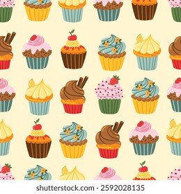 Сupcakes with berries, flower, cinnamon seamless pattern. pastry texture holiday, fabric, wallpaper