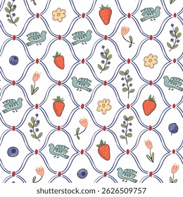 Berries flowers and birds doodle spring seamless pattern, simple ornament