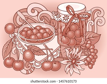 Berries, flowers hand drawn vector doodles illustration. Nature and food elements and objects cartoon background. 