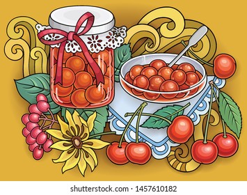 Berries, flowers hand drawn vector doodles illustration. Nature and food elements and objects cartoon background. 