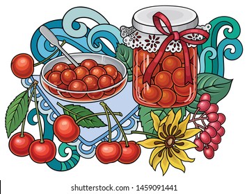 Berries, flowers hand drawn vector doodles illustration. Nature and food elements and objects cartoon background. 