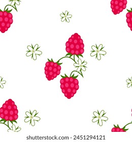 Berries and flowers of raspberry isolated on a white background. Seamless pattern. Background for paper, cover, fabric, interior decor. 