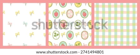 Berries, flowers seamless patterns collection. Plant branches, strawberries and raspberries, openwork frames, tartan check in pastel colors. White backgrounds. Cartoon hand drawn prints in  vector.