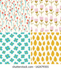 Berries and flowers seamless patterns set