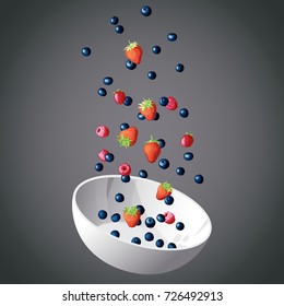 Berries flying into a cup on a dark background. Cup with fruit. Cooking with berries, set of different berries. White cup with multicolored berries. EPS 10 vector illustration
