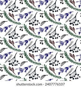 berries and foliage seamless vector pattern, hand drawn botanical endless print