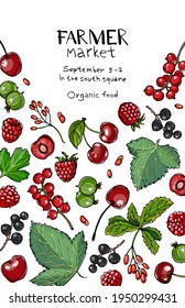 Berries food vector poster. Color sketch of products. Decor for kitchen and restaurant. Farm fruits and berries.  Cranberries, gooseberries, cloudberries, redcurrants, blackcurrants, strawberries