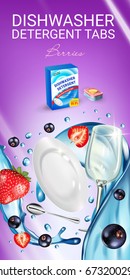 Berries fragrance dishwasher detergent tabs ads. Vector realistic Illustration with dishes in water splash, strawberry and blackcurrant. Vertical banner