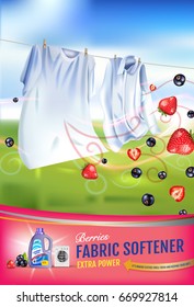 Berries fragrance fabric softener gel ads. Vector realistic Illustration with laundry clothes and softener rinse container. Vertical poster