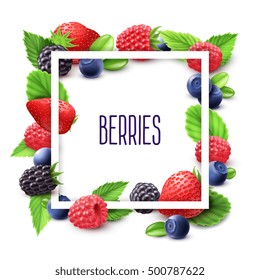  Berries and frame realistic set with blueberry strawberry and blackberry vector illustration 