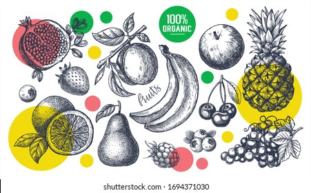 Berries and fruit big set. Hand drawing. Vintage. Black and white. Vector.