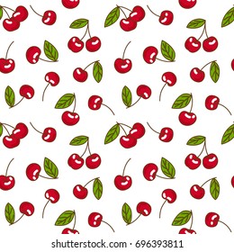 Berries fruit cherry with leaves seamless pattern for textile prints, cards, design. Flat style, vector illustration