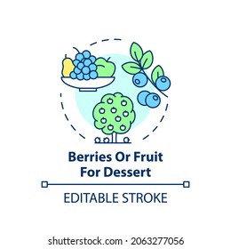 Berries or fruit for desert concept icon. Sweet foods in school caffeteria. Natural sweets in meals idea thin line illustration. Vector isolated outline RGB color drawing. Editable stroke