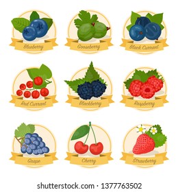 Berries, fruit with names vector illustrations set. Strawberry, blueberry isolated stickers for jam. Cherry with calligraphy on ribbon flat clipart. Summer seasonal harvest. Raspberry with leaves