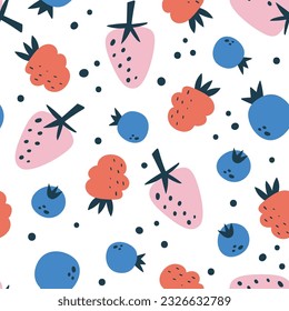 Berries fruit seamless pattern. Square repeat pattern, with strawberries, raspberries and blueberries. Abstract colorful composition. Flat vector design pattern.