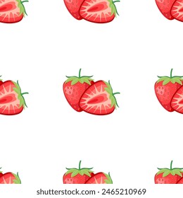 Berries fruit strawberry with leaves seamless pattern for textile prints, cards, design. Vector illustration in flat style