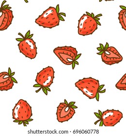Berries fruit strawberry with leaves seamless pattern for textile prints, cards, design. Flat style, vector illustration