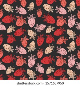 Berries fruit vector pink strawberry with leaves seamless pattern for textile prints, cards, design. Flat style red strawberry, vector. Strawberry fruit pattern with seamless background illustration. 