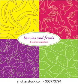 Berries and fruits. 4 seamless patterns of different colours.