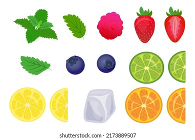 Berries and fruits for cocktails. A set of sliced fruits and berries, mint and ice to create cocktails.