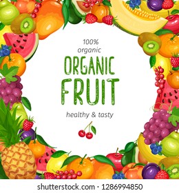 Berries and Fruits Design Healthy Food in Cartoon Style. Raspberries, Strawberries, Grapes, Currants and Blueberries. Lemon, Peach, Apple or Pear, Orange, Watermelon, Avocado and Melon