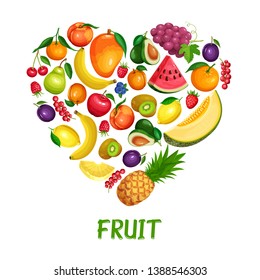 Berries and fruits design healthy food. Raspberries, strawberries, grapes, currants and blueberries. Lemon, peach, apple or pear, orange, watermelon or avocado and pineapple Vector illustration