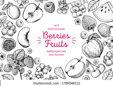 Berries and fruits drawing collection. Hand drawn berry sketch. Vector illustration. Blueberry, raspberry, strawberry, fig, apple, lingonberry, peach, apricot, cranberry, slice of watermelon