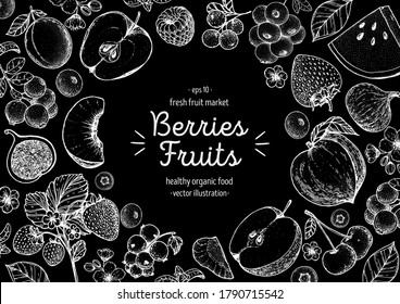 Berries and fruits drawing collection. Hand drawn berry sketch. Vector illustration. Blueberry, raspberry, strawberry, fig, apple, lingonberry, peach, apricot, cranberry, slice of watermelon