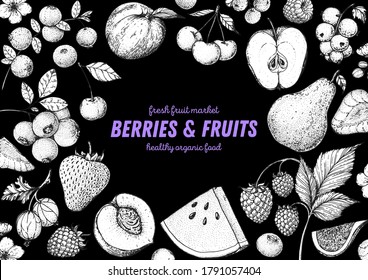 Berries and fruits drawing collection. Hand drawn berry sketch. Vector illustration. Strawberry, apple, watermelon, blueberry, cranberry, raspberry, peach, cherry, pear, gooseberry illustration.